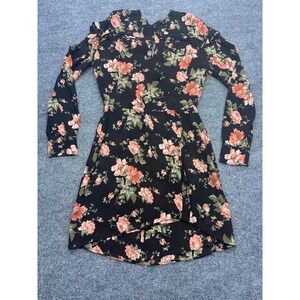 Reformation Black Floral Ruffle Long Sleeve Mini Dress Wrap Skirt Keyhole Back